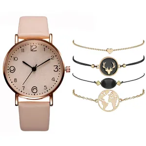 Pink quartz watch set for women with rose gold case and four decorative bracelets