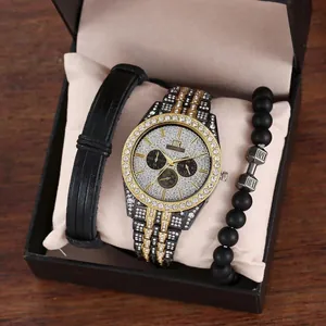 Men's business watch set with crystal bezel, faux leather and dumbbell bead bracelets
