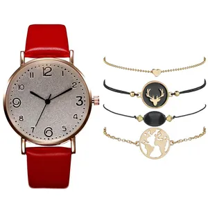 Women's quartz watch and bracelet set with red leather strap and rose gold case
