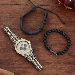 Men's business set with diamond-encrusted quartz watch and dumbbell beaded bracelets