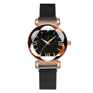 Women's starry sky watch with rose gold case, Roman numerals and black Milanese band