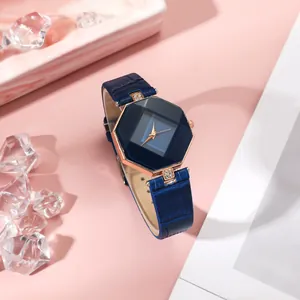 Elegant women's diamond quartz watch with navy leather strap and rose gold octagonal face