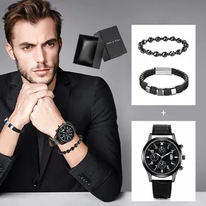 Mens business watch set with black leather strap and beaded bracelets in a gift box