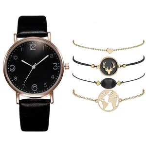 Minimalist quartz watch set with black leather strap and four layered charm bracelets