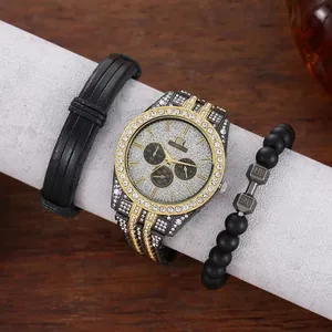 Men's business watch set with iced-out dial, leather cord, and dumbbell beaded bracelet
