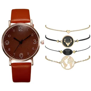 Women's Simple Fashion Quartz Watch With Bracelets Rose Gold Alloy Case Faux Leather Band Rhinestone Heart World Map Jewelry Gift