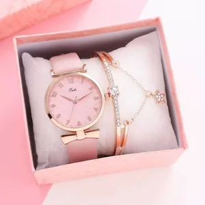 Women Fashion Quartz Watch Set With Star Bracelet Elegant Bowknot PU Leather Strap Rose Gold Alloy Wristwatch Gift For Ladies