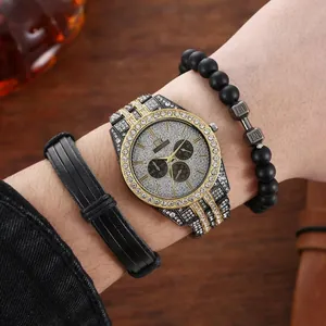 Men Business Gold Tone Quartz Watch Set With Full Rhinestone Decorative Watch And Dumbbell Beaded Braided Bracelet Set