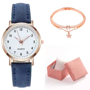 Orologio da donna al quarzo con cinturino blu e bracciale stella oro rosa con box