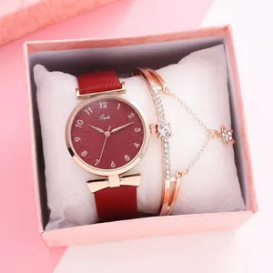 Women's quartz watch set with red leather strap and rhinestone star bracelet in gift box