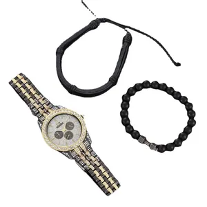 Men's luxury business watch with diamond bezel and dumbbell bead bracelet gift set
