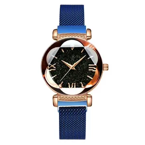 Elegant starry sky women's quartz watch with blue mesh band and roman numerals