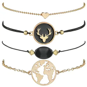 4-piece bracelet set with heart, deer relief, black beads and world map pendants