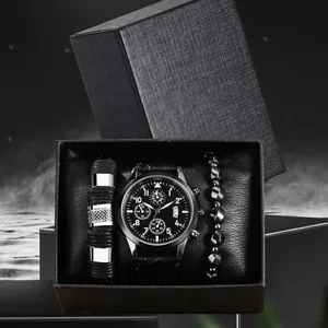 Men Business Casual Quartz Watch Set Luminous Pointer Calendar Dial Leather Strap With Beaded Bracelet Jewelry Gift For Him