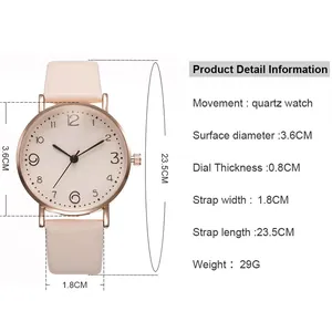 Detailed size parameters for pink women's quartz watch with rose gold case and leather strap