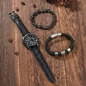 Men's luminous quartz watch set with black leather strap and two beaded bracelets