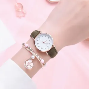 Women's quartz watch with dark green leather strap and flower pendant bracelet set