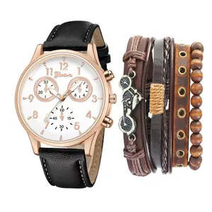 Coffret montre quartz homme avec bracelet en cuir noir et bracelets à breloque bicyclette