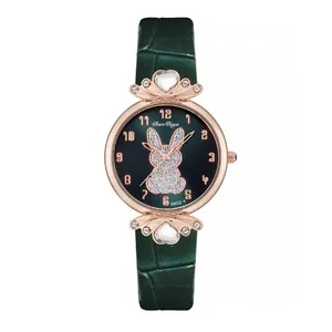Women's green quartz watch featuring rabbit pattern and rose gold case with crystals