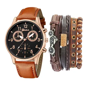 Coffret montre homme 5 pièces avec bracelet en cuir marron et bracelets punk bicyclette