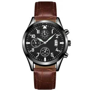 Men's luminous quartz business watch with black dial and brown leather strap