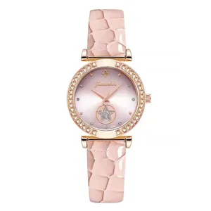 Damen Quarzuhr mit Roségold Lünette mit Strass und pinkem Lederarmband in Krokostil