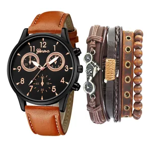 Coffret montre quartz homme et bracelet punk en cuir avec breloque de vélo