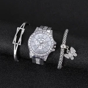 Silver-tone women's rhinestone watch and jewelry set with butterfly bracelet and bangle