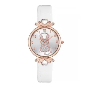 Women's quartz watch with rabbit dial, rose gold case and white leather strap