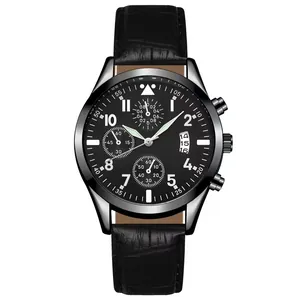 Men's business quartz watch with black dial, chronograph sub-dials and date window