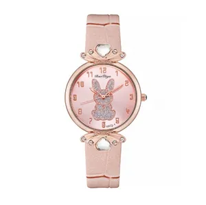 Pink quartz watch for women featuring cute glitter rabbit dial and heart crystals