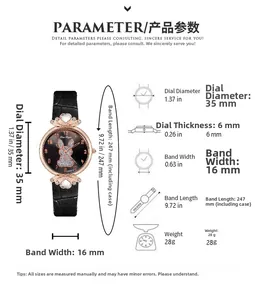 Detailed size chart for rabbit pattern watch with dial diameter of 35mm and band width of 16mm
