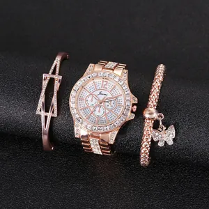 Rose gold watch set for women with diamond-encrusted bezel, bracelet, and butterfly necklace