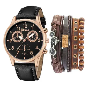 Montre homme or rose avec bracelet en cuir et 5 bracelets punk style bicyclette