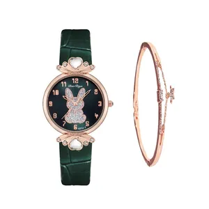 Women's quartz watch and bracelet set with emerald green strap and rabbit dial design
