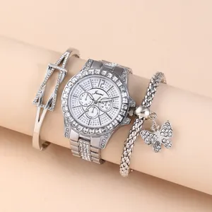 Silver women's watch set featuring crystal dial and butterfly charm bracelets