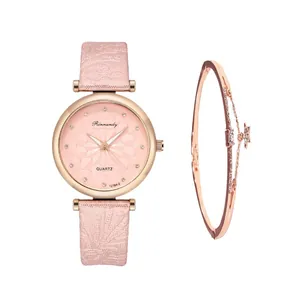 3-piece set featuring a rose gold starry watch with pink floral leather strap and star bracelet