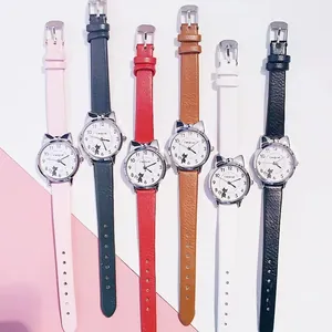 Damen Quarzuhren-Set mit Katzenohr-Gehäuse und Lederarmband in sechs Farben