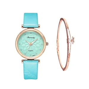 Detail view of mint green starry sky quartz watch with rose gold bracelet set