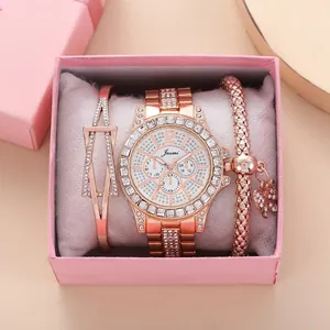 Elegant rose gold women's watch and bracelet set with sparkling rhinestones in gift box