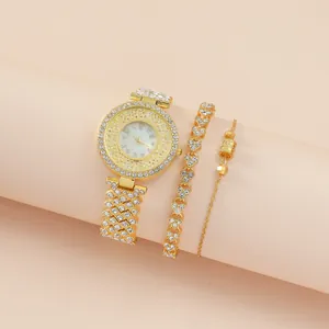 Parure 3 pièces pour femme avec montre dorée à strass et bracelet en forme de cœur chic