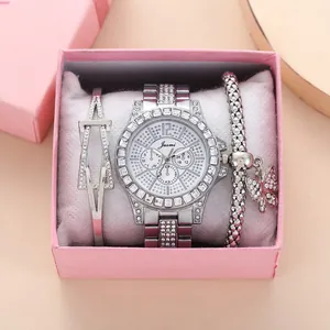 Silver rhinestone women watch and bracelet set in a pink gift box luxury gift set