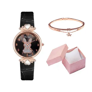 Women's quartz watch gift set with rabbit pattern dial, leather strap and star bracelet