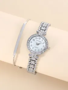 Set orologio al quarzo e bracciale argento da donna con strass lussuosi e luminosi
