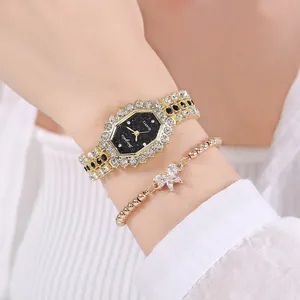 Coffret montre femme à quartz dorée avec strass et cadran étoilé noir élégant