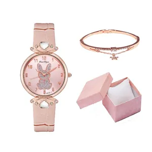 Pink quartz watch with rabbit diamond dial and matching bracelet in a gift box