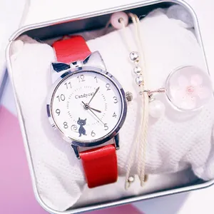 Süße Katzenohr Quarzuhr Und Armband Set Für Damen Kunstlederarmband Analog Studenten Mode Armbanduhr Geschenk