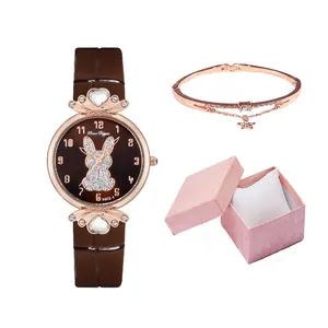 Women's brown leather watch with rabbit motif, rose gold bracelet and pink gift box set
