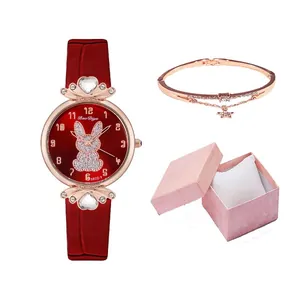 Women's watch set with red leather strap, rabbit crystal dial and star bracelet in gift box