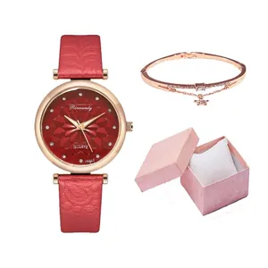 Fashion Women Quartz Watch Gift Set With Bracelet Box Starry Sky Dial Embossed Leather Strap Elegant Lady Casual Wristwatch